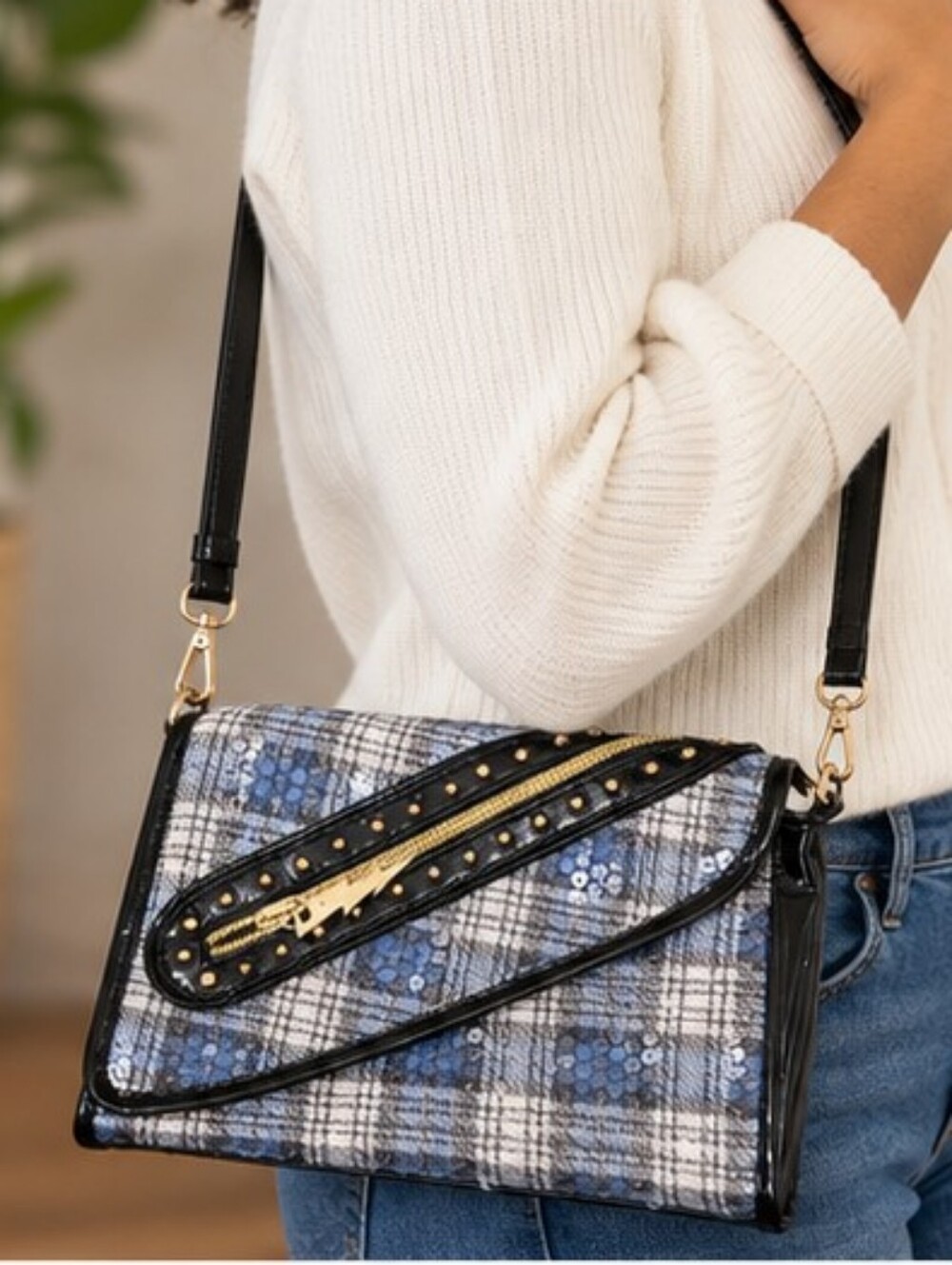 Betsyville Plaid Sequin Crossbody Bag Black Patent Adjustable Strap